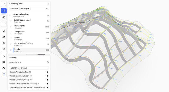 A sample structural analysis model published from Grasshopper with load differentials calculated and colored