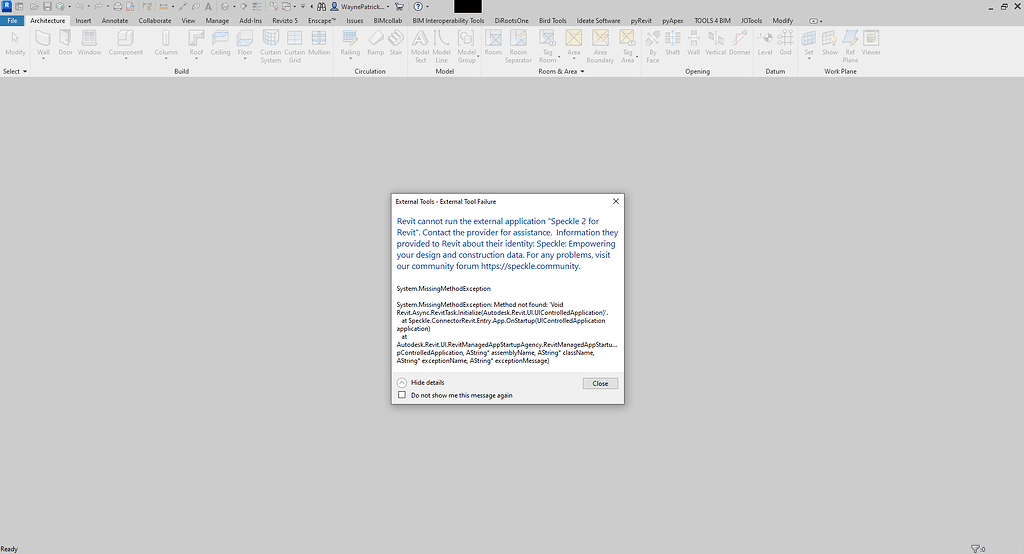 "Revit cannot run the external application Speckle 2 for Revit ...